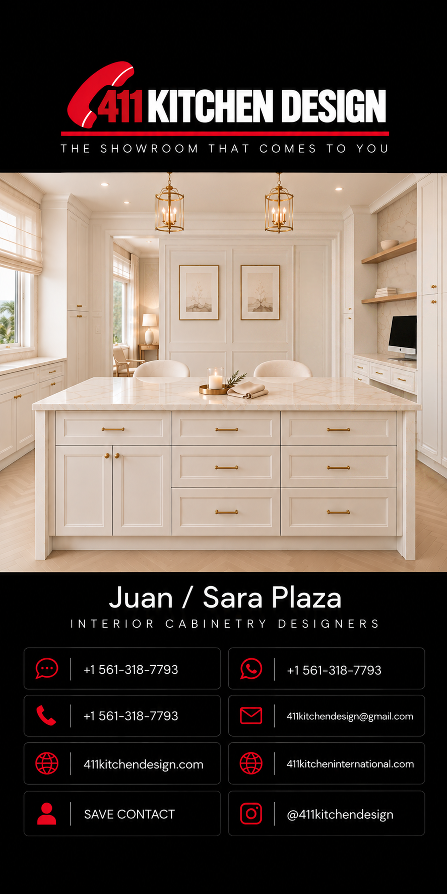 411 Kitchen Design. The showroom that comes to you. Juan / Sara Plaza, Interior Cabinetry Designers. Approved business card with a white and gold kitchen and eight contact buttons.